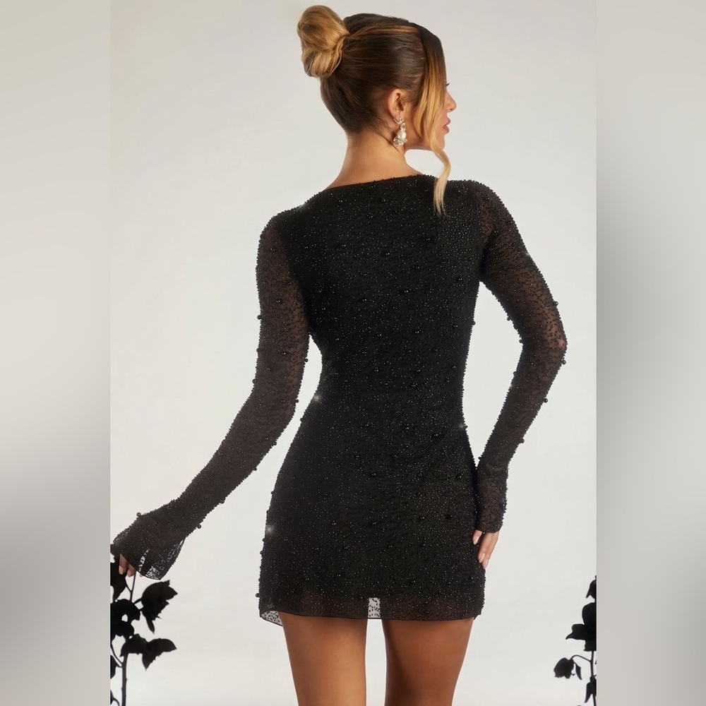 Oh Polly Chelsea Embellished Wrap Over A-Line Mini Dress – Black - Picture 2 of 10